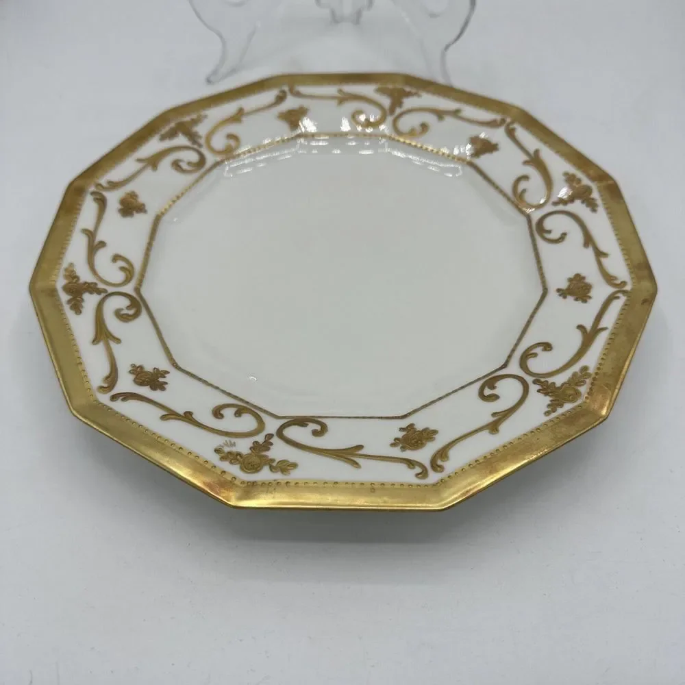 Antique Limoges Plate 9.25” Gold Trim France 12-sided Embossed Scroll - Picture 8 of 14